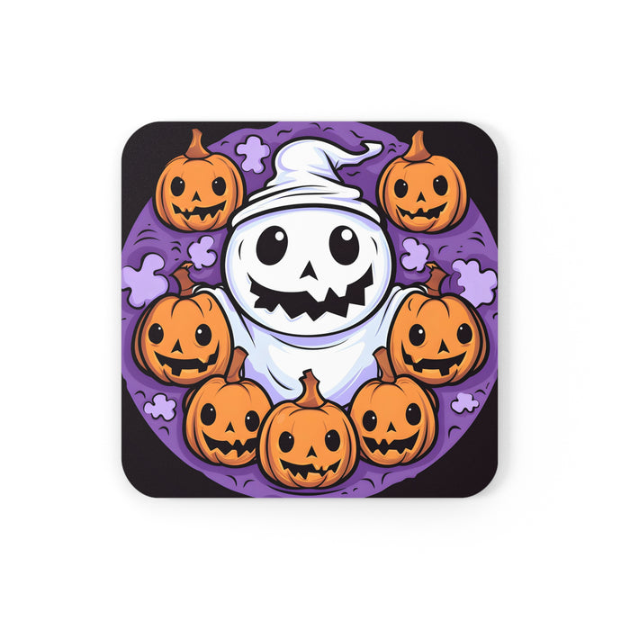DistinctInk (Set of 4) Corkwood Coasters with Ghost Skeleton PumpkinsDesign for Halloween