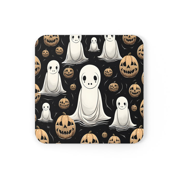 DistinctInk (Set of 4) Corkwood Coasters with Ghostly Skeleton and PumpkinDesign for Halloween