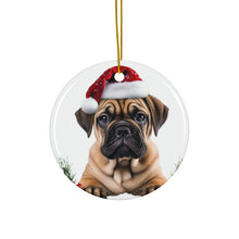 DistinctInk Hanging Ceramic Christmas Tree Ornament with Gold String - Great Gift/Present - 2 3/4 inch Diameter - Bullmastiff Puppy Design