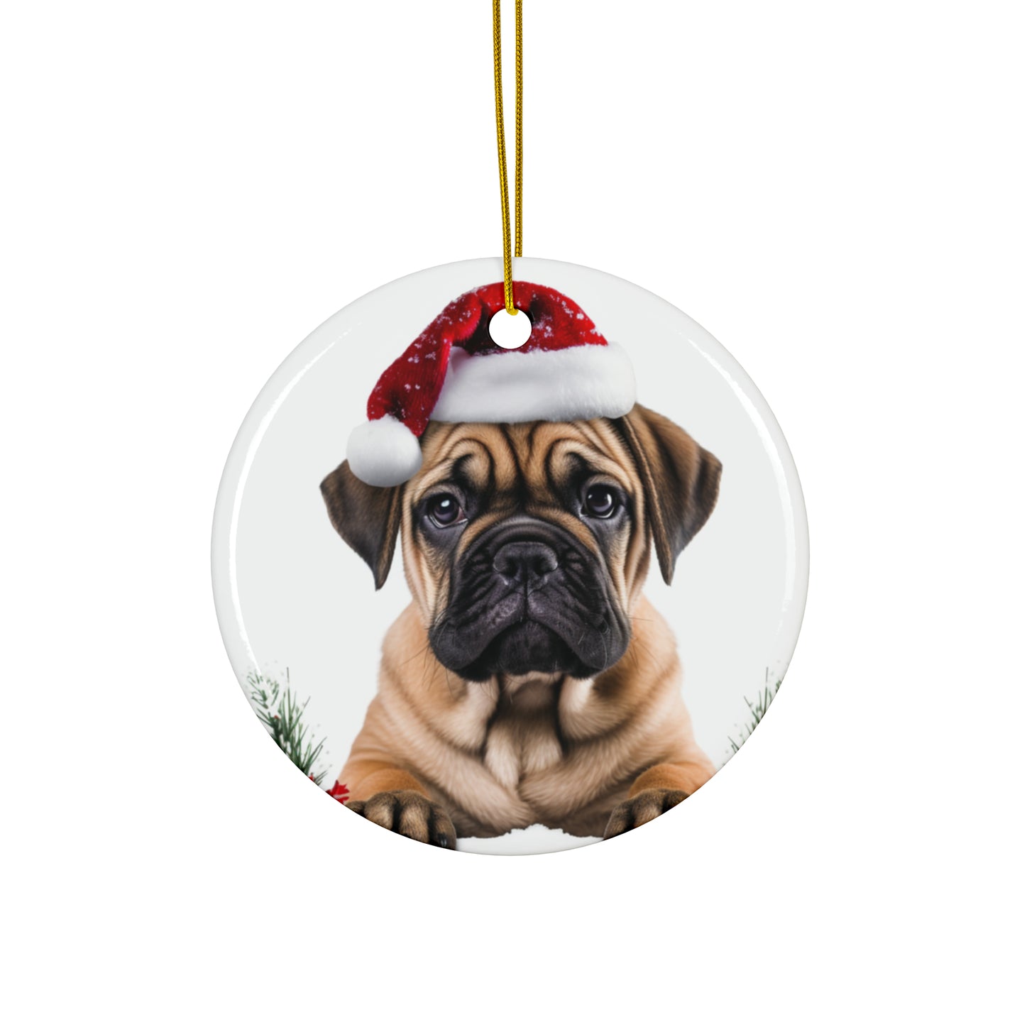 DistinctInk Hanging Ceramic Christmas Tree Ornament with Gold String - Great Gift/Present - 2 3/4 inch Diameter - Bullmastiff Puppy Design