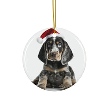 DistinctInk Hanging Ceramic Christmas Tree Ornament with Gold String - Great Gift/Present - 2 3/4 inch Diameter - Bluetick Coonhound Puppy Design