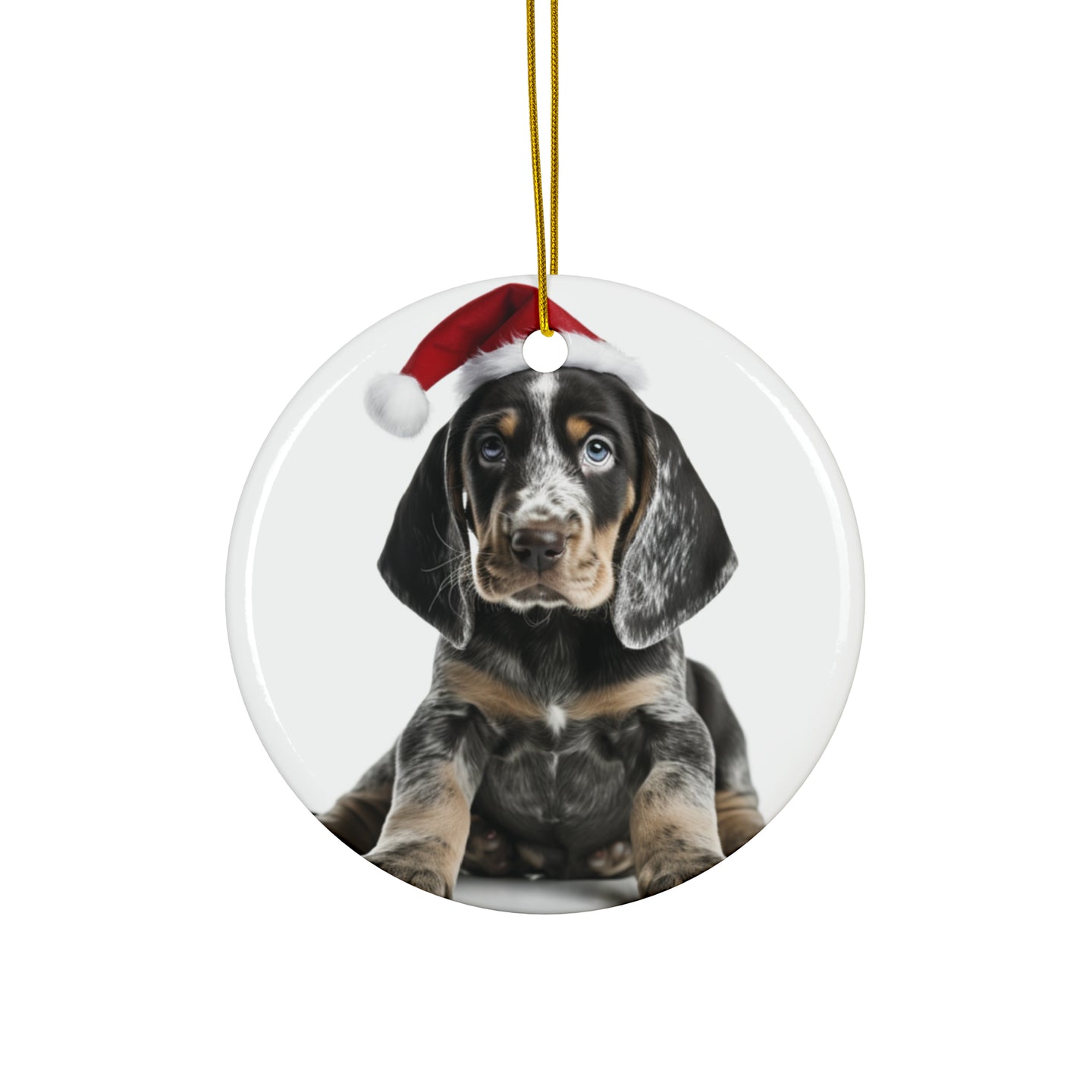 DistinctInk Hanging Ceramic Christmas Tree Ornament with Gold String - Great Gift/Present - 2 3/4 inch Diameter - Bluetick Coonhound Puppy Design