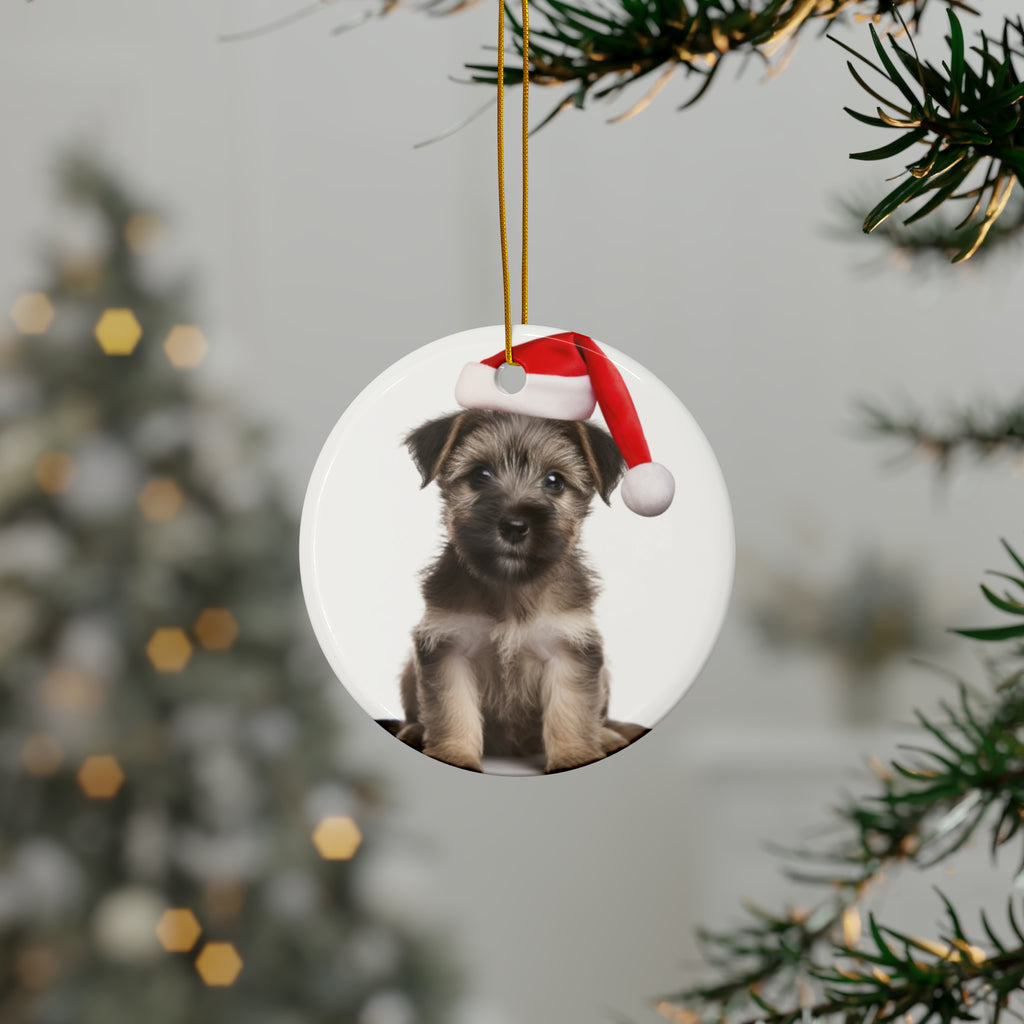 Hanging Ceramic Christmas Tree Ornament with Gold String - American Hairles Terrier Puppy Design, view 3