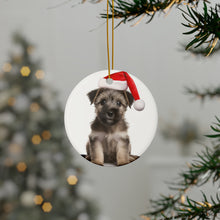 DistinctInk Hanging Ceramic Christmas Tree Ornament with Gold String - Great Gift/Present - 2 3/4 inch Diameter - American Hairles Terrier Puppy Design