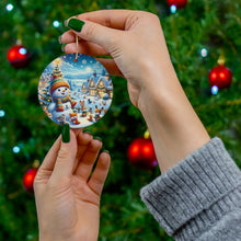 DistinctInk Hanging Ceramic Christmas Tree Ornament Charm with Gold String - Great Gift/Present - 2 3/4 inch Diameter - Snowy Village Holiday Magic