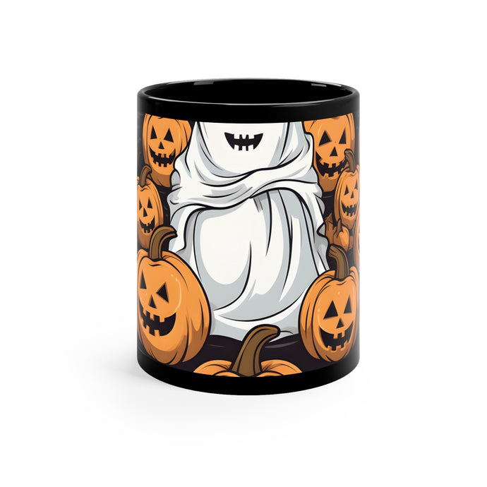 DistinctInk Black Coffee Mug - Skeletal Ghostly Pumpkin Patch for Halloween