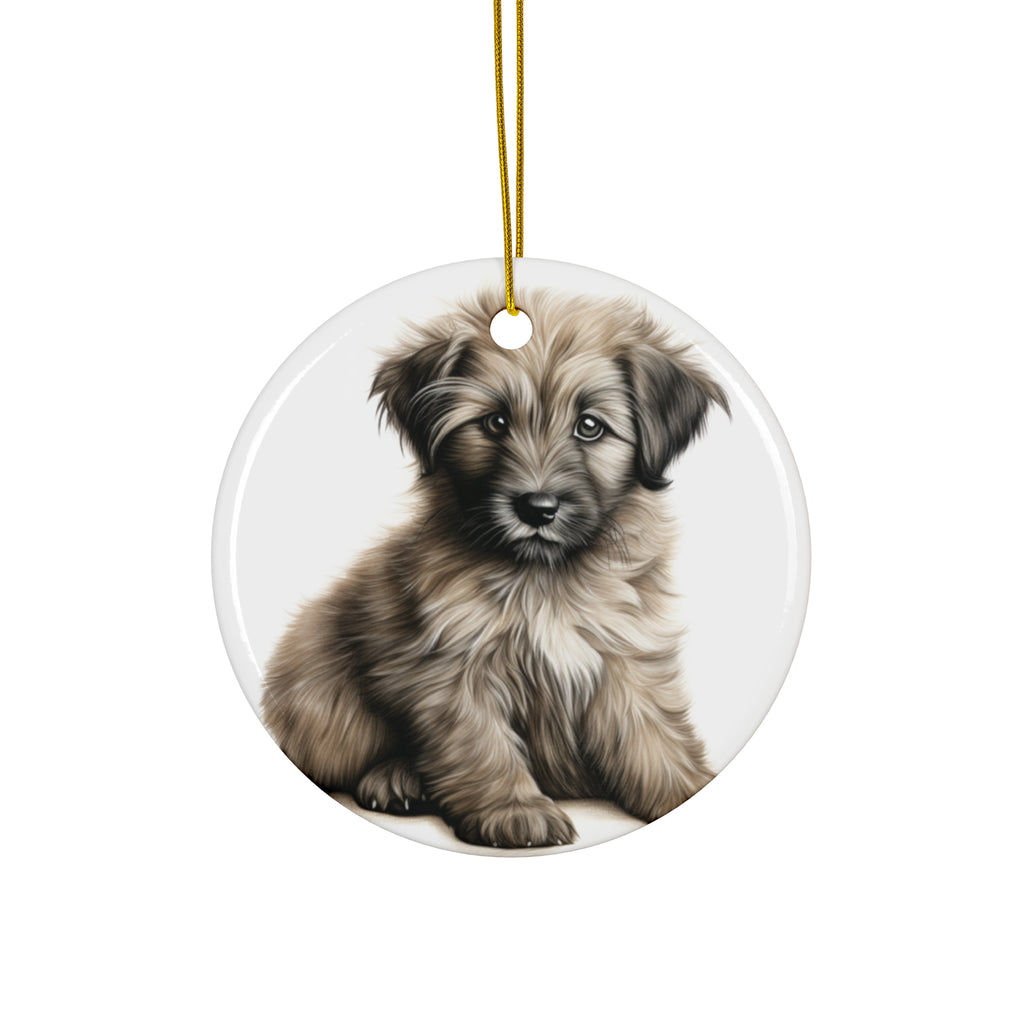 Hanging Ceramic Christmas Tree Ornament with Gold String - Pyrenean Shepherd Puppy Drawing Design