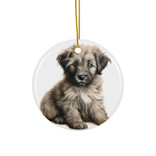 DistinctInk Hanging Ceramic Christmas Tree Ornament with Gold String - Great Gift/Present - 2 3/4 inch Diameter - Pyrenean Shepherd Puppy Drawing Design