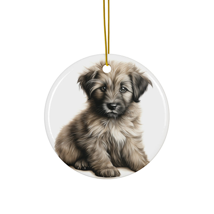 DistinctInk Hanging Ceramic Christmas Tree Ornament with Gold String - Great Gift/Present - 2 3/4 inch Diameter - Pyrenean Shepherd Puppy Drawing Design