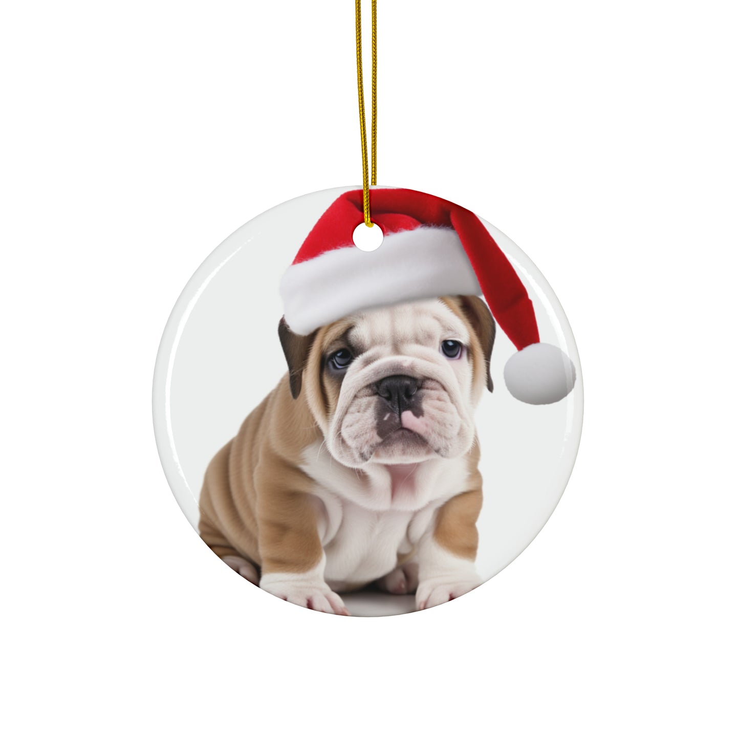 DistinctInk Hanging Ceramic Christmas Tree Ornament with Gold String - Great Gift/Present - 2 3/4 inch Diameter - Bulldog Puppy Design