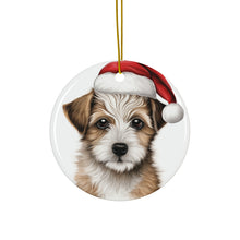 DistinctInk Hanging Ceramic Christmas Tree Ornament with Gold String - Great Gift/Present - 2 3/4 inch Diameter - American Hairles Terrier Puppy Drawing Design