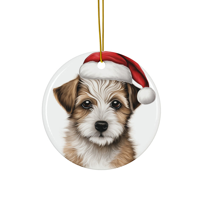 DistinctInk Hanging Ceramic Christmas Tree Ornament with Gold String - Great Gift/Present - 2 3/4 inch Diameter - American Hairles Terrier Puppy Drawing Design