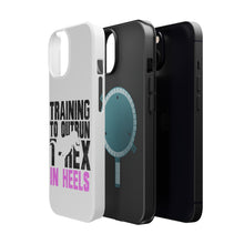 DistinctInk ToughCase for Apple iPhone, Compatible with MagSafe Charging - Training to Outrun T-Rex in Heels