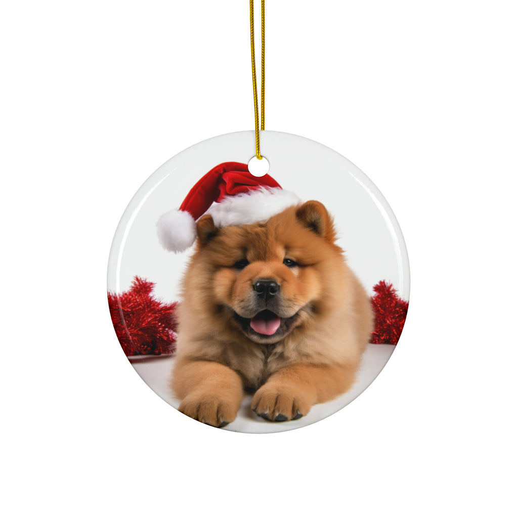 Hanging Ceramic Christmas Tree Ornament with Gold String - Chow Chow Puppy Design