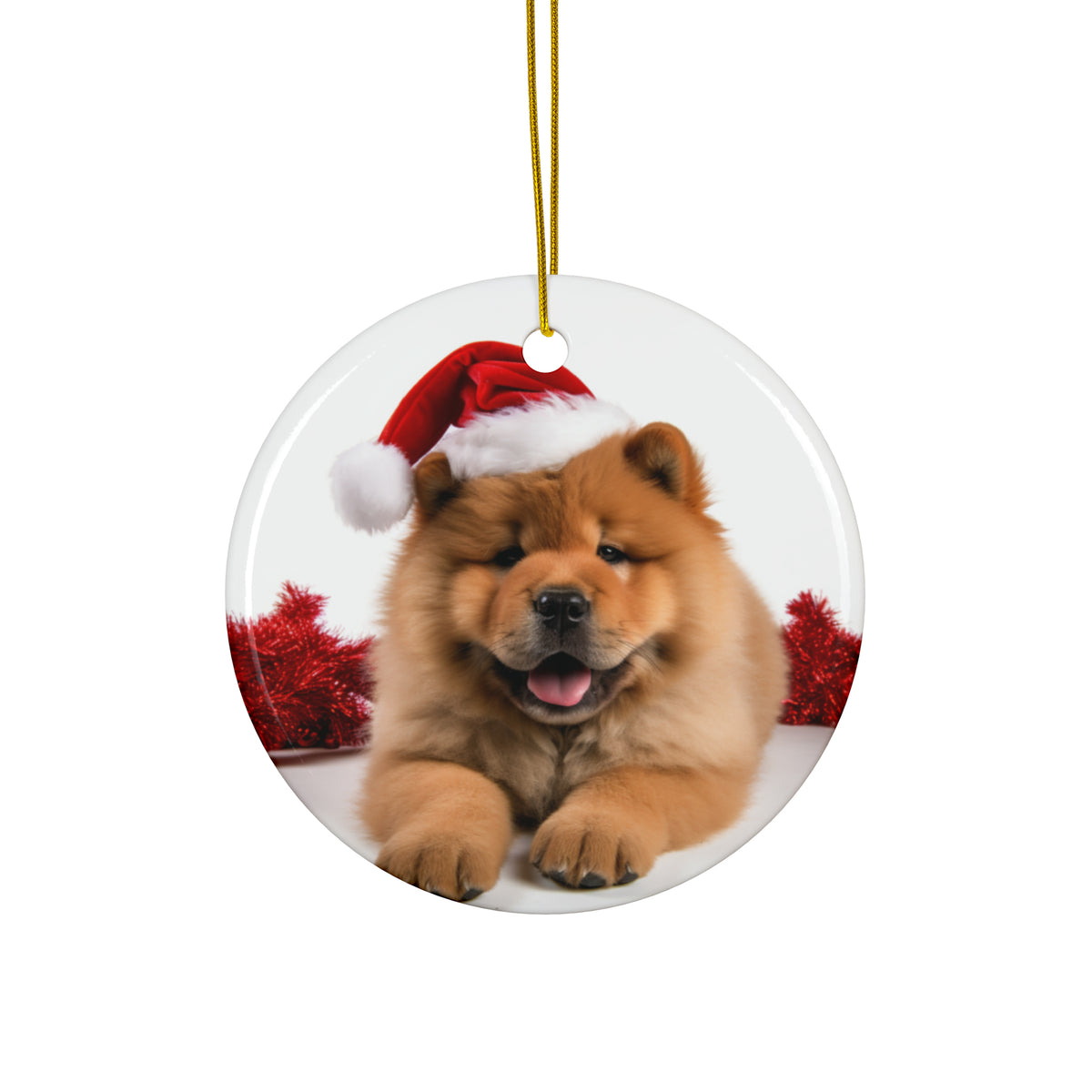 Hanging Ceramic Christmas Tree Ornament with Gold String - Chow Chow Puppy Design