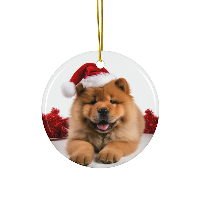 DistinctInk Hanging Ceramic Christmas Tree Ornament with Gold String - Great Gift/Present - 2 3/4 inch Diameter - Chow Chow Puppy Design