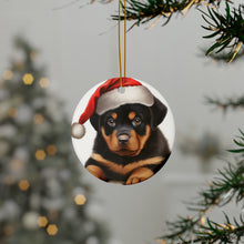 DistinctInk Hanging Ceramic Christmas Tree Ornament with Gold String - Great Gift/Present - 2 3/4 inch Diameter - Rottweiler Puppy Drawing Design