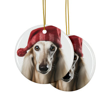 DistinctInk Hanging Ceramic Christmas Tree Ornament with Gold String - Great Gift/Present - 2 3/4 inch Diameter - Saluki Design