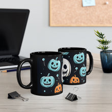DistinctInk Black Coffee Mug - Skele-Ghostly Pumpkin Patch for Halloween