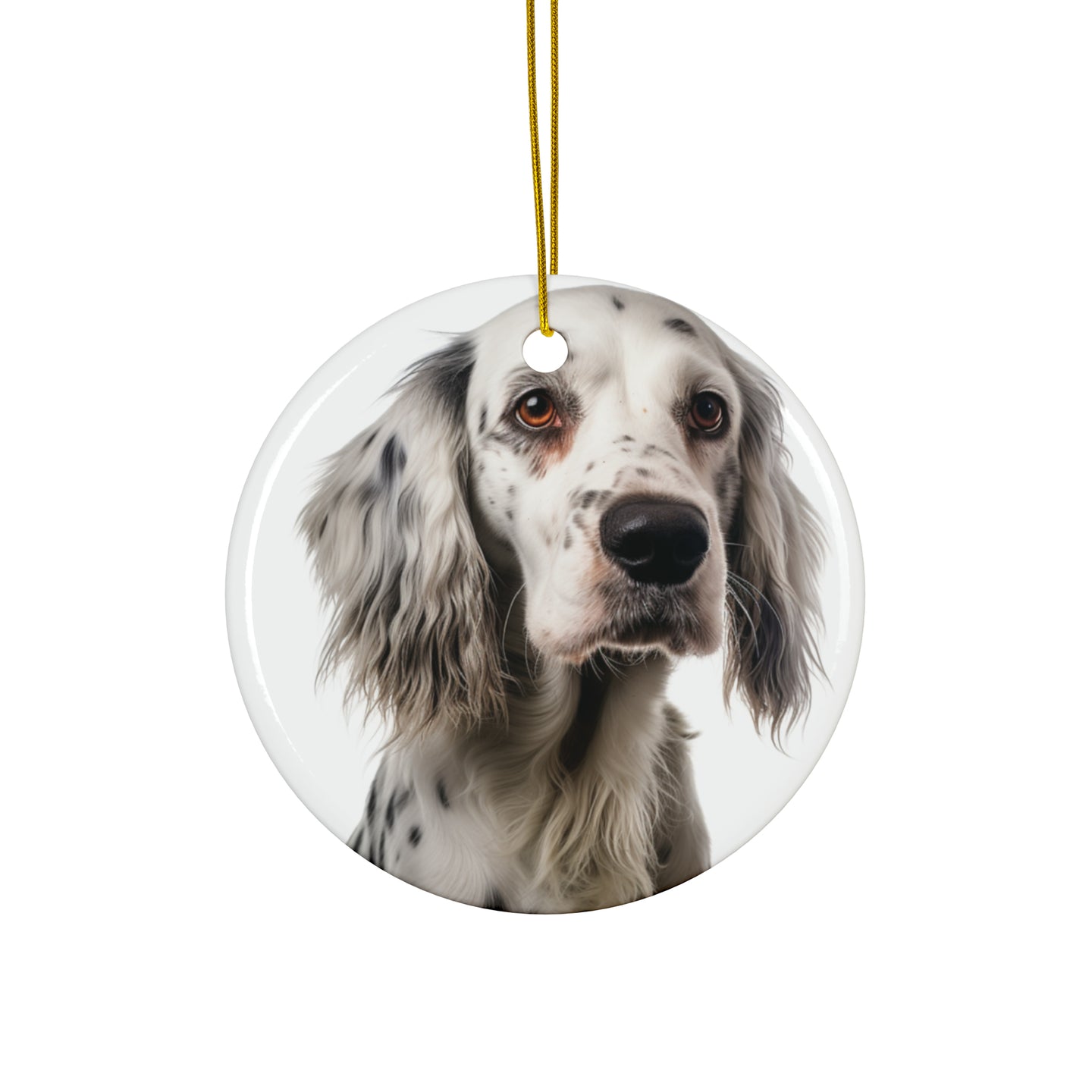 DistinctInk Hanging Ceramic Christmas Tree Ornament with Gold String - Great Gift/Present - 2 3/4 inch Diameter - English Setter Design