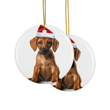 DistinctInk Hanging Ceramic Christmas Tree Ornament with Gold String - Great Gift/Present - 2 3/4 inch Diameter - Rhodesian Ridgeback Puppy Design