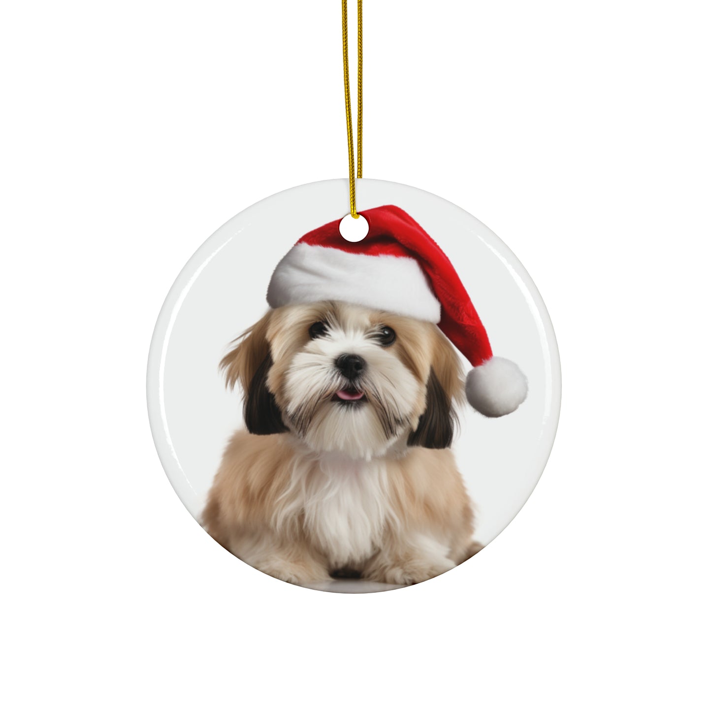 DistinctInk Hanging Ceramic Christmas Tree Ornament with Gold String - Great Gift/Present - 2 3/4 inch Diameter - Lhasa Apso Design