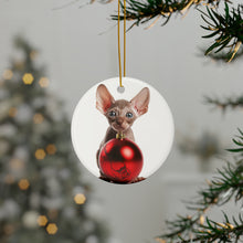 DistinctInk Hanging Ceramic Christmas Tree Ornament with Gold String - Great Gift/Present - 2 3/4 inch Diameter - Sphynx Kitten Design