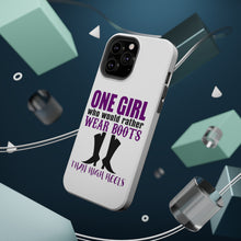 DistinctInk ToughCase for Apple iPhone, Compatible with MagSafe Charging - One Girl Who Would Rather Wear Boots Than Heels