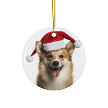 DistinctInk Hanging Ceramic Christmas Tree Ornament with Gold String - Great Gift/Present - 2 3/4 inch Diameter - Icelandic Sheepdog Design
