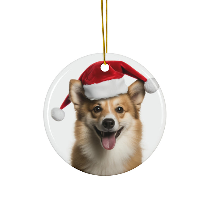 DistinctInk Hanging Ceramic Christmas Tree Ornament with Gold String - Great Gift/Present - 2 3/4 inch Diameter - Icelandic Sheepdog Design
