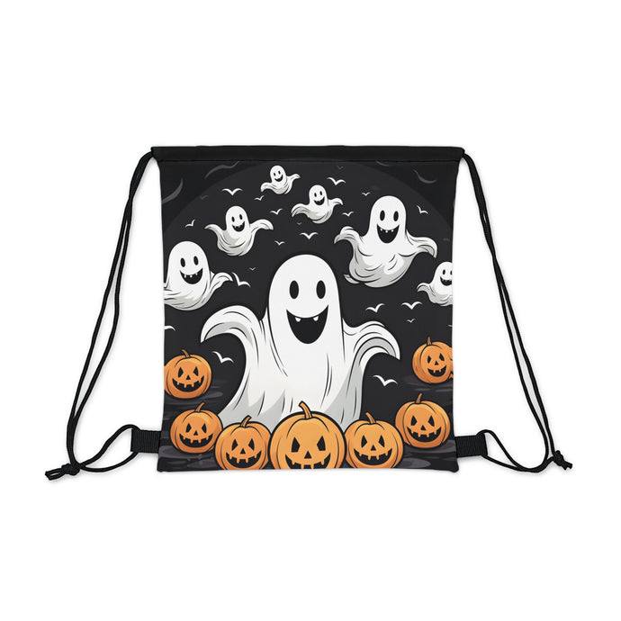 DistinctInk Drawstring Bag / Backpack with Skeletal Ghostly Pumpkin Patch Design for Halloween