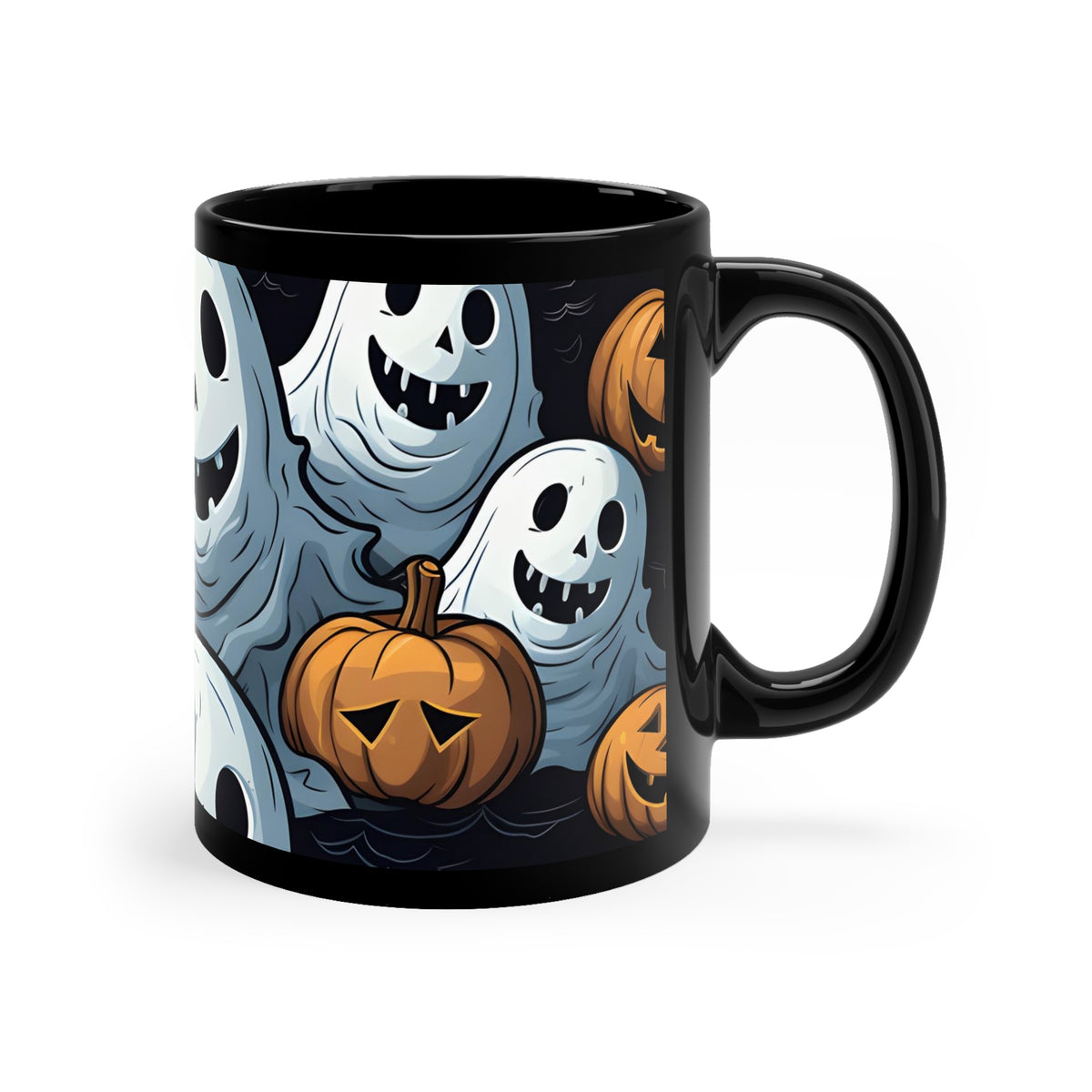 Black Coffee Mug - Ghoulish Ghostbusters and Pumpkins for Halloween, view 3