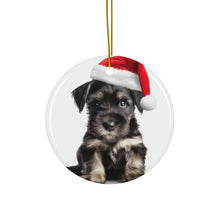 DistinctInk Hanging Ceramic Christmas Tree Ornament with Gold String - Great Gift/Present - 2 3/4 inch Diameter - Standard Schnauzer Puppy Design