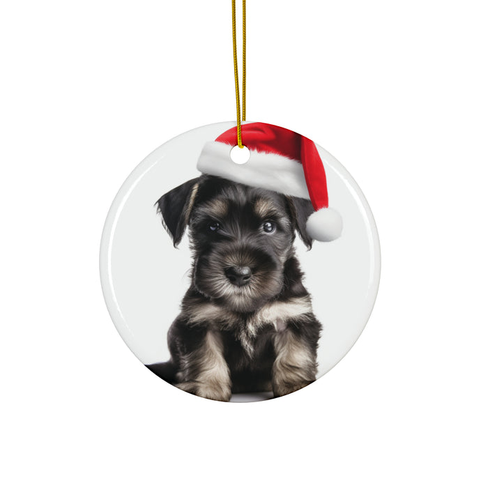 DistinctInk Hanging Ceramic Christmas Tree Ornament with Gold String - Great Gift/Present - 2 3/4 inch Diameter - Standard Schnauzer Puppy Design
