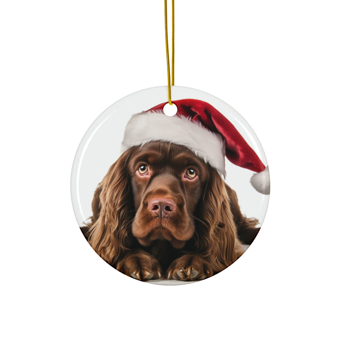 DistinctInk Hanging Ceramic Christmas Tree Ornament with Gold String - Great Gift/Present - 2 3/4 inch Diameter - Sussex Spaniel Design
