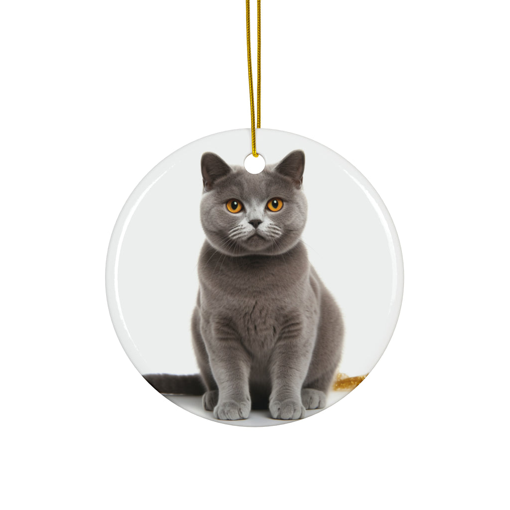 Hanging Ceramic Christmas Tree Ornament with Gold String - Chartreux Cat Design