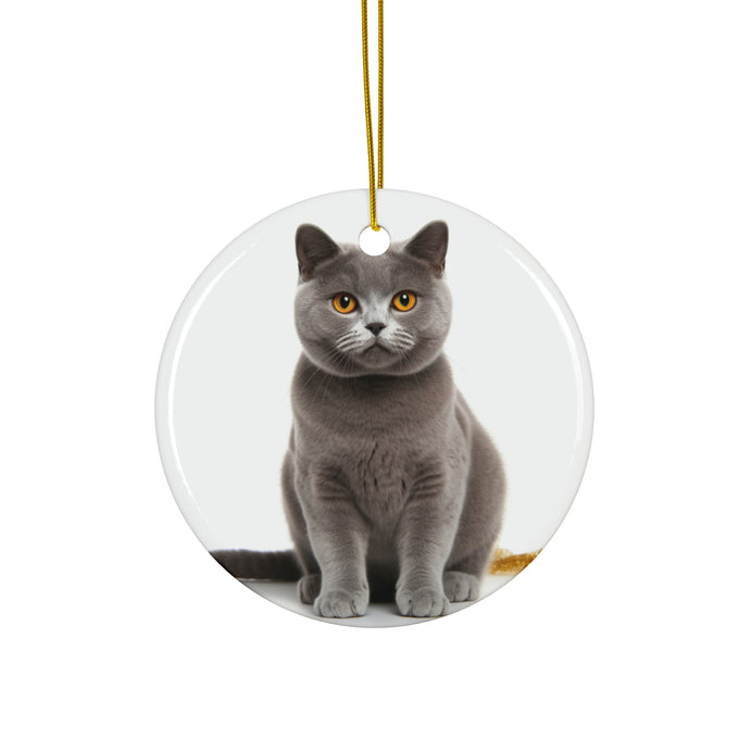 DistinctInk Hanging Ceramic Christmas Tree Ornament with Gold String - Great Gift/Present - 2 3/4 inch Diameter - Chartreux Cat Design
