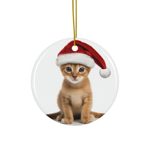 DistinctInk Hanging Ceramic Christmas Tree Ornament with Gold String - Great Gift/Present - 2 3/4 inch Diameter - Abyssinian Kitten Design