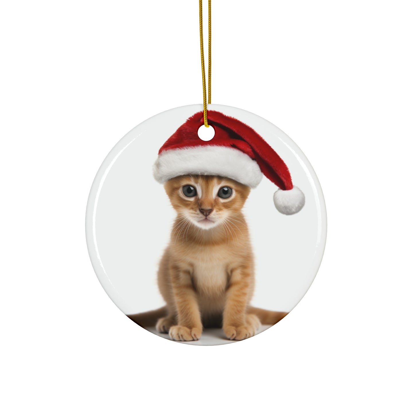 DistinctInk Hanging Ceramic Christmas Tree Ornament with Gold String - Great Gift/Present - 2 3/4 inch Diameter - Abyssinian Kitten Design