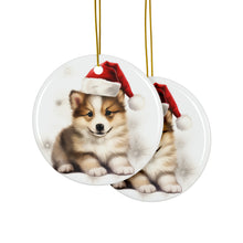 DistinctInk Hanging Ceramic Christmas Tree Ornament with Gold String - Great Gift/Present - 2 3/4 inch Diameter - Icelandic Sheepdog Puppy Drawing Design