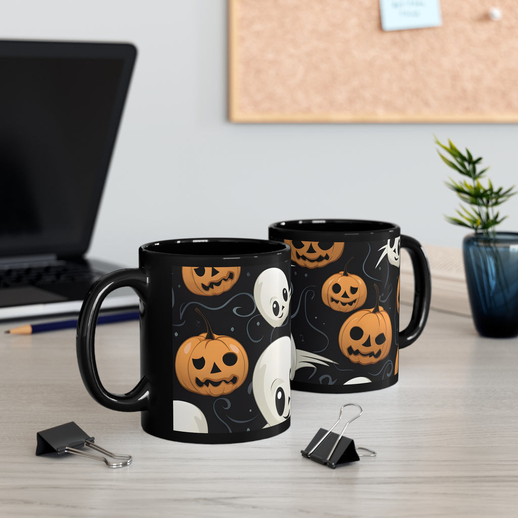 Black Coffee Mug - Ghost Skeleton Pumpkin Pattern for Halloween, view 5