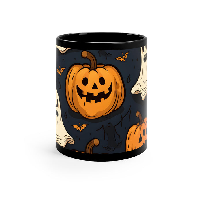 DistinctInk Black Coffee Mug - Ghost Skeleton Pumpkin Bash for Halloween