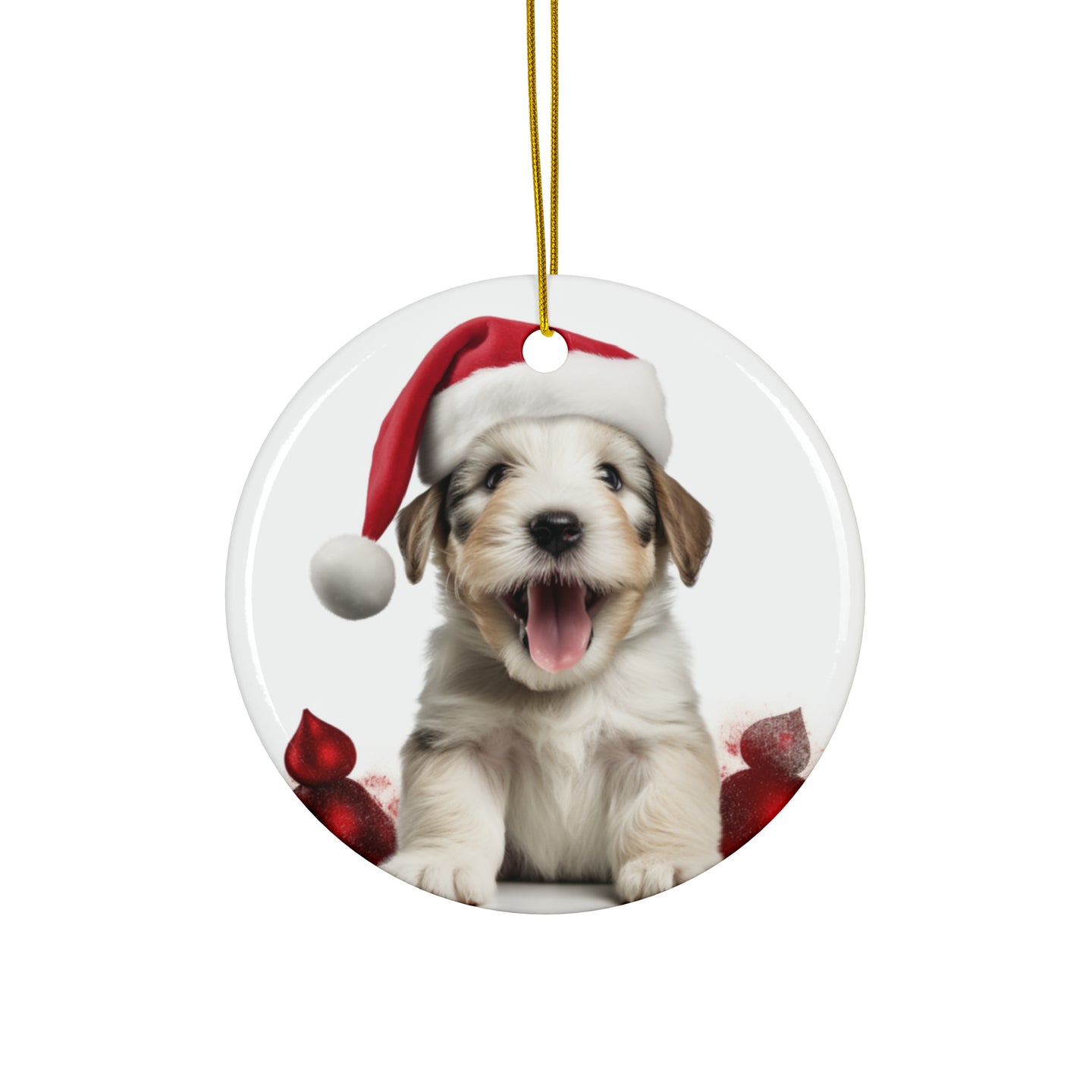 DistinctInk Hanging Ceramic Christmas Tree Ornament with Gold String - Great Gift/Present - 2 3/4 inch Diameter - Sealyham Terrier Puppy Design
