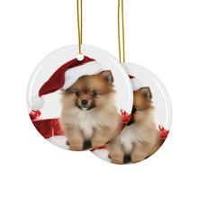 DistinctInk Hanging Ceramic Christmas Tree Ornament with Gold String - Great Gift/Present - 2 3/4 inch Diameter - Pomeranian Puppy Design