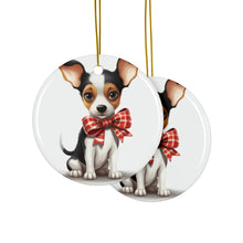 DistinctInk Hanging Ceramic Christmas Tree Ornament with Gold String - Great Gift/Present - 2 3/4 inch Diameter - Toy Fox Terrier Puppy Drawing Design