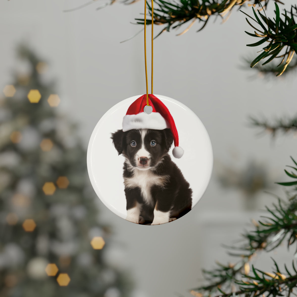 Hanging Ceramic Christmas Tree Ornament with Gold String - Border Collie Puppy Design, view 3
