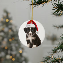 DistinctInk Hanging Ceramic Christmas Tree Ornament with Gold String - Great Gift/Present - 2 3/4 inch Diameter - Border Collie Puppy Design