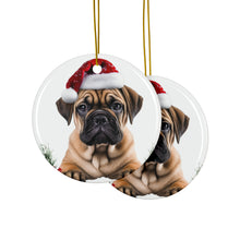 DistinctInk Hanging Ceramic Christmas Tree Ornament with Gold String - Great Gift/Present - 2 3/4 inch Diameter - Bullmastiff Puppy Design