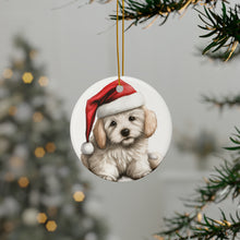 DistinctInk Hanging Ceramic Christmas Tree Ornament with Gold String - Great Gift/Present - 2 3/4 inch Diameter - Coton de Tulear Puppy Drawing Design