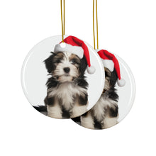 DistinctInk Hanging Ceramic Christmas Tree Ornament with Gold String - Great Gift/Present - 2 3/4 inch Diameter - Tibetan Terrier Puppy Design